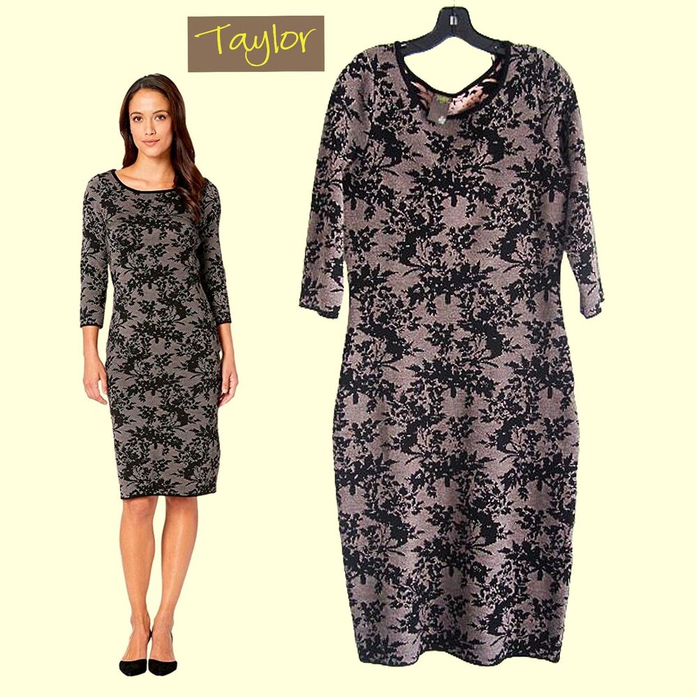 TAYLOR NEW Romantic Embossed Floral 3/4-Sleeve Sweater Dress M